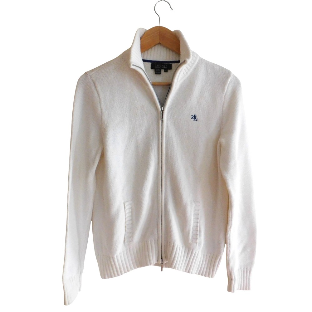Vintage Lauren Ralph Lauren White Cable Knit Full Zip Cardigan Jacket Cotton S